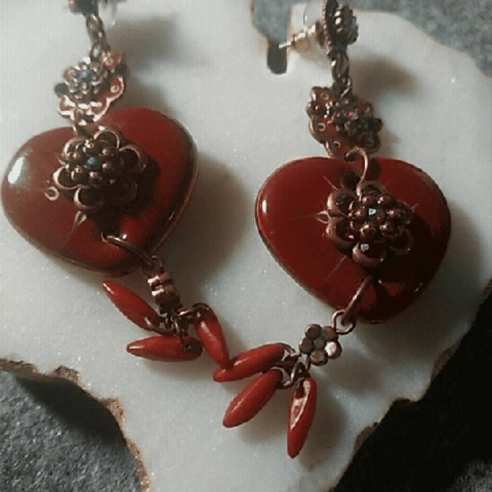 Red Heart Earrings with Floral Accents - Women Jewelry